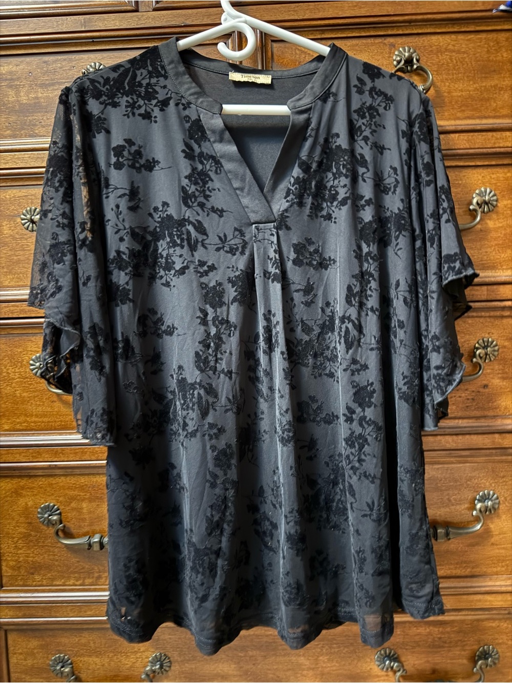 Black Floral Burnout V-Neck Blouse